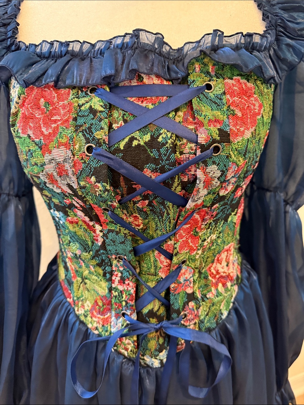 Source Unknown Navy Sheer-Sleeve Floral Lace-Up Corset Gown - Picture 4 of 9